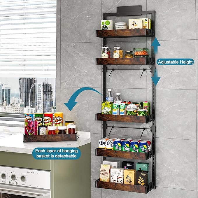 bukfen Over the Door Pantry Organizer, 6-Tier Adjustable Wooden Basket Kitchen Pantry Door Organization and Storage, Heavy-Duty Metal Hanging Kitchen Spice Rack,D6.3 x W17.71 x H50.60 inch,1 Pack-Ruum Studio Home