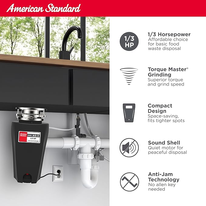 American Standard 10-US-AS-3 Garbage Disposal Anti-Jam Stainless Steel Food Waste Grinding System, Slim Line, 1/3 HP, Black-Ruum Studio Home