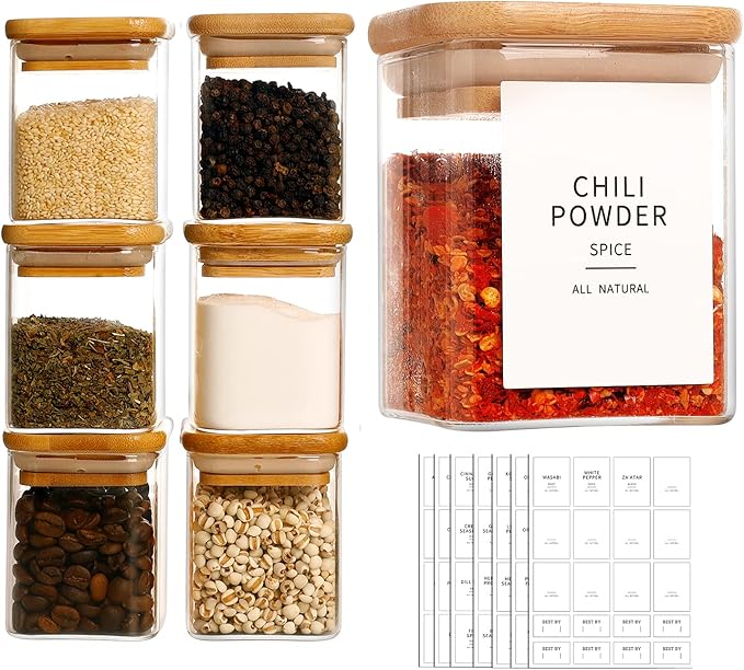 12 Pcs Square Glass Spice Jars with Natural Bamboo Lids - 9oz Airtight Herb Containers with 148 Waterproof Minimalist Spice Labels Preprinted - Empty Small Seasoning Jars for Kitchen Pantry-Ruum Studio Home