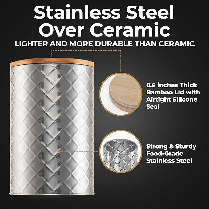 Pebble & Stem® Silver Stainless Steel Canister Set for Kitchen Counter, Food-Grade Canister Set of 4, Airtight Lids, Sugar and Flour Containers for Countertop, Coffee and Tea Storage, Farmhouse Decor-Ruum Studio Home