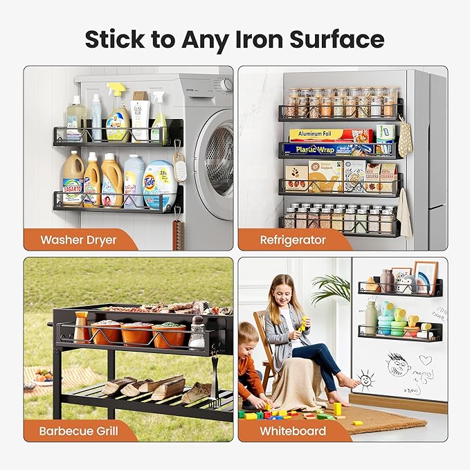 16.9 Inch Wide Large Capacity Magnetic Spice Rack for Refrigerator, 4 Pack Metal Fridge Shelf, Black-Ruum Studio Home