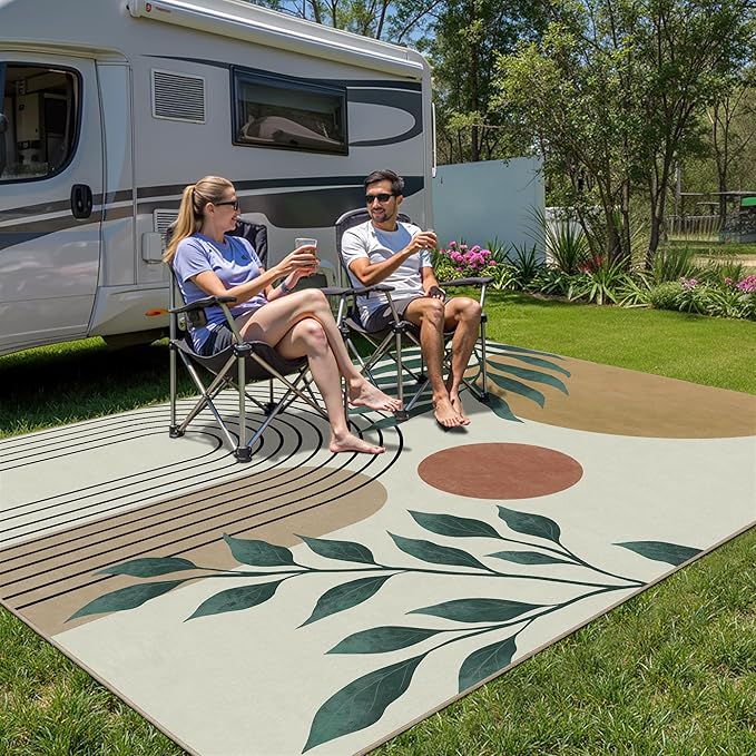 Indoor Outdoor Area Rug, Mid Century Sun Outdoor Patio Rug,Washable Abstract Art Leaves Eucalyptus Runway Rugs Non-Slip Carpet for Camping, Bedroom, Deck(8x10)-Ruum Studio Home