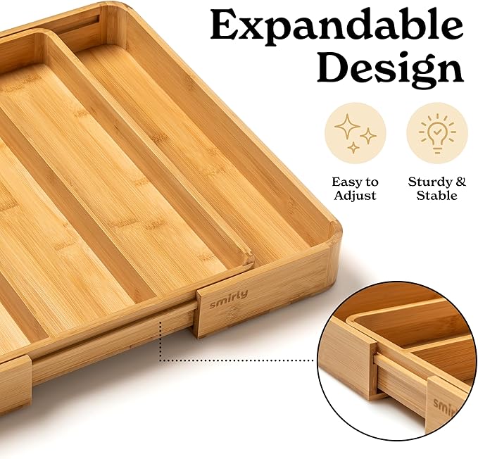 SMIRLY Silverware Drawer Organizer – Bamboo Kitchen Drawer Organizer, Adjustable Utensil Holder and Cutlery Tray, Drawer Dividers for Flatware and Kitchen Utensils-Ruum Studio Home