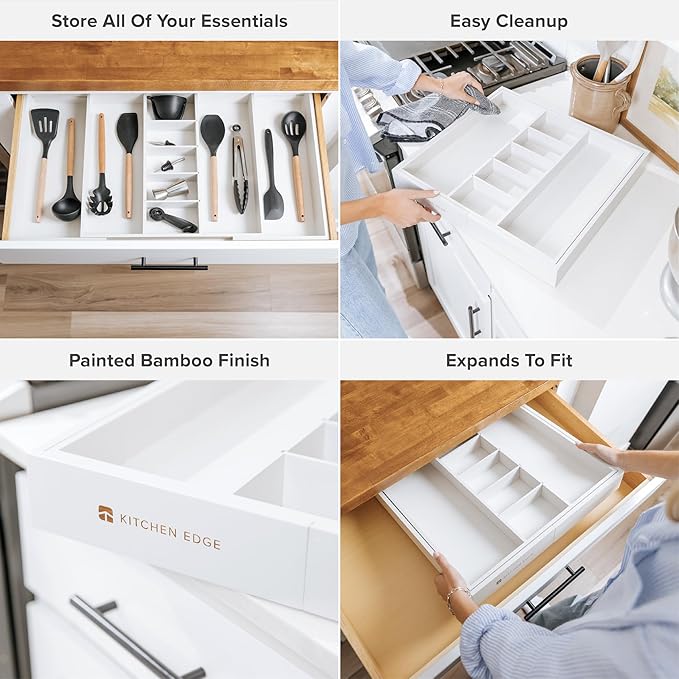 Adjustable Kitchen Drawer Organizer for Utensils and Junk, Food-Safe Contract Grade with 100% Sustainable Wood, Expandable from 19 to 33 Inches Wide - White Bamboo-Ruum Studio Home