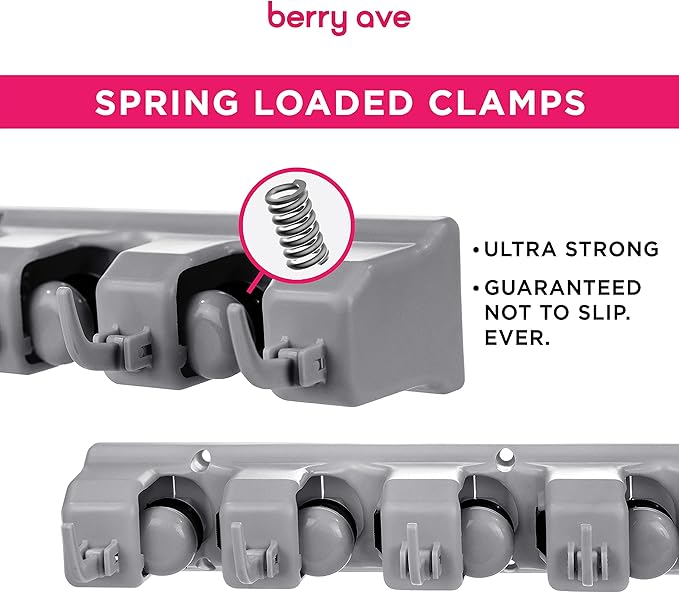 Combo 5 Slot Broom Holder w/ 1 Self Adhesive Mop Gripper No-Drilling, Wall Mount Tool Organizers For Kitchen, Garage, Laundry Room- Anti-Slip Hanger For Brooms, Mops, Rakes, Dustpans (Grey / White)-Ruum Studio Home