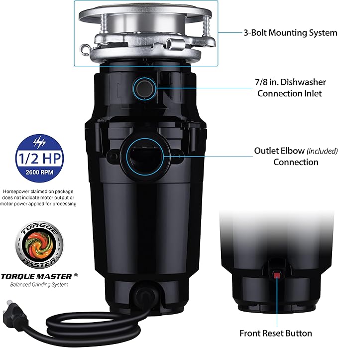 Waste Maid 10-US-WM-158-3B Garbage Disposal Anti-Jam Stainless Steel Food Waste Grinding System, 1/2 HP Standard, Black-Ruum Studio Home