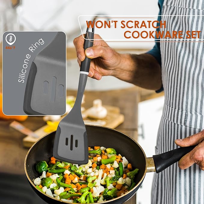 Kitchen Cooking Utensils Set, Non-Stick Spatula Set with Rotating Stand, 6 PCS Silicone Utensils Set for Cooking, 400°F Heat Resistant, Kitchen Gadgets with Nylon Handle & Stable Holder, Dark Grey-Ruum Studio Home
