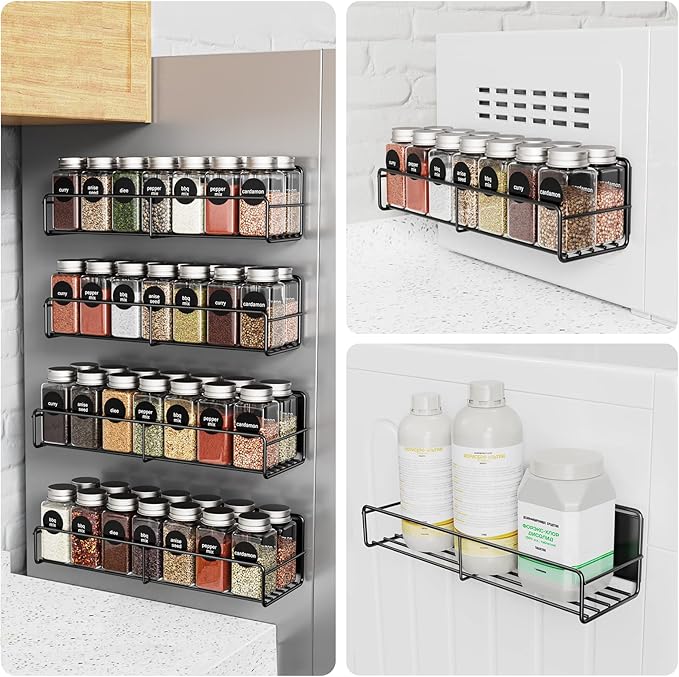4 Pack Magnetic Spice Rack for Refrigerator, Magnetic Shelf Fridge Organizer for Kitchen Storage, Black-Ruum Studio Home