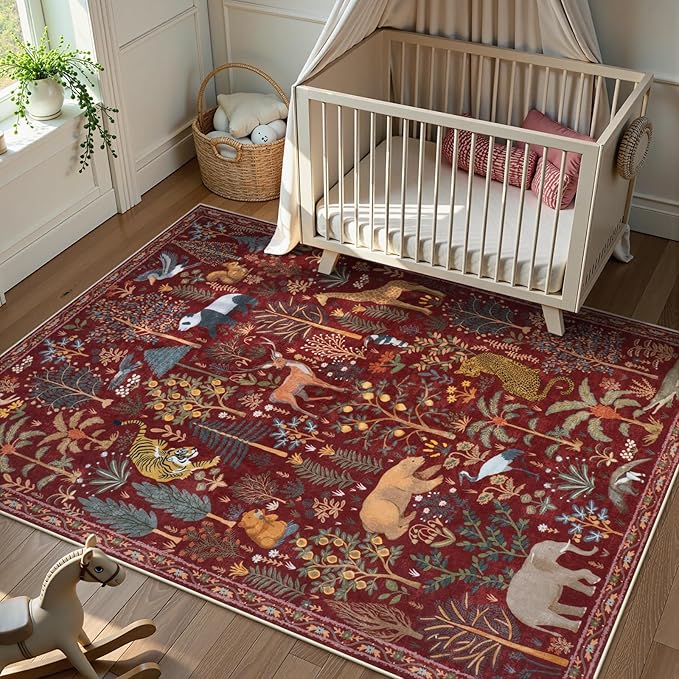 OJIA Jungle Print Washable Area Rugs 5x7, Soft Rugs for Living Room Ultra-Thin Non-Shedding Modern Bedroom Rug, Stain Resistant Throw Rug Large Carpet for Kids Nursery Dining Room, Red-Ruum Studio Home