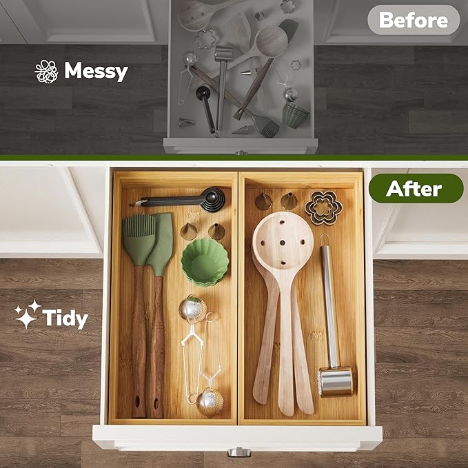 BAMEOS Deep Utensil Drawer Organizer, Bamboo Silverware Organizer for Kitchen Drawer Storage Flatware Junk Cutlery Jewelry 14"x 6.8" Set of 2 (Natural)-Ruum Studio Home