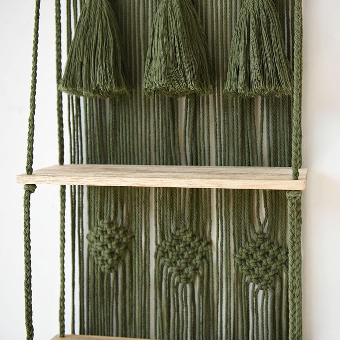 Hanging Shelf Macrame Wall Hanging Green Boho Shelfs with Tassels 2 Tier Floating for Plants Bedroom Dorm Living Room Wall Decor Rustic Wooden Organizer(Wood)-Ruum Studio Home