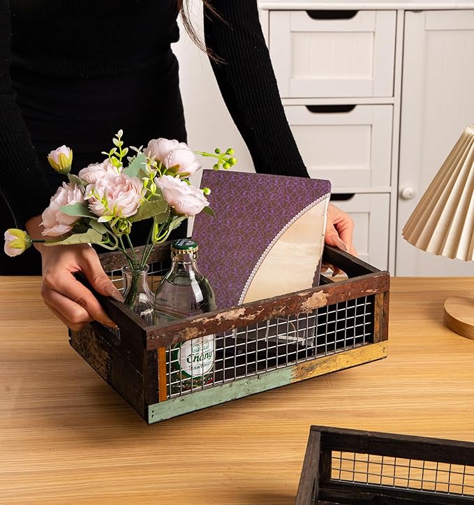 TIMRIS Set of 2 Rustic Wooden Countertop Baskets, Farmhouse Distressed Nesting Boxes, Small Decorative Wooden Storage Crates, Reclaimed Wood Organizer Baskets with Wire Mesh (Random)-Ruum Studio Home