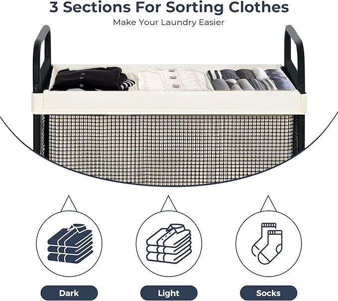 STO STO Laundry Hamper 3 Section, 120L Rolling Laundry Sorter Cart with Removable and Washable Liner Bag, Rolling Clothes Hamper with Metal Handle for Laundry Room and Bedroom-Ruum Studio Home