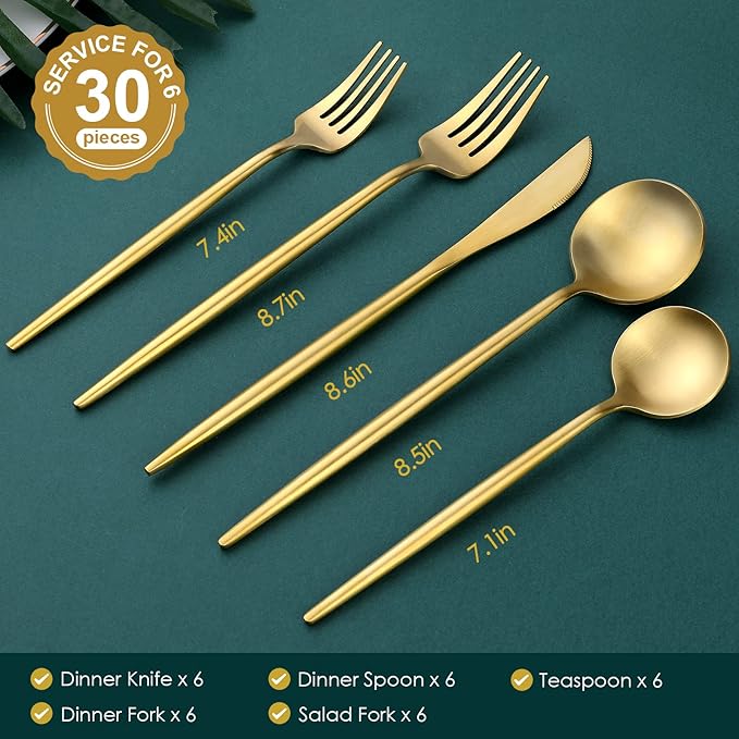 Matte Gold Silverware Set, OGORI 30-Piece Food Grade Stainless Steel Gold Flatware Set, Kitchen Utensil Set Service for 6, Tableware Cutlery Set for Home and Restaurant, Dishwasher Safe - Gift Box-Ruum Studio Home
