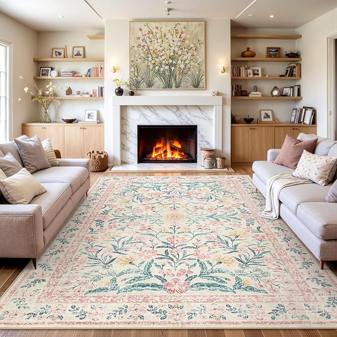 Wonnitar Machine Washable 10x14 Area Rugs, Large Living Room Rug Floral Pink and White Carpet, Boho Soft Ultra-Thin Foldable Carpets for Bedroom Dining Room Office-Ruum Studio Home