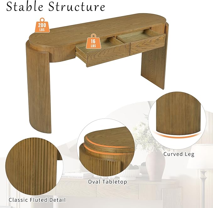 55" Sofa Table with Oval Top and 2 Drawers, Entryway Console Table with Fluted Design for Hallway,Foyer,Entry and Living Room (Fully Assembled-Pine Wood)-Ruum Studio Home