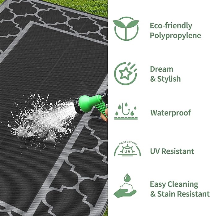 GENIMO 9' x 18' Outdoor Rug Waterproof for Patio, Foldable Reversible Plastic Straw Area Rugs Mat for Rv Decor, Outside Carpet for Camper, Deck, Picnic, Beach, Balcony, Porch, Black & Grey-Ruum Studio Home