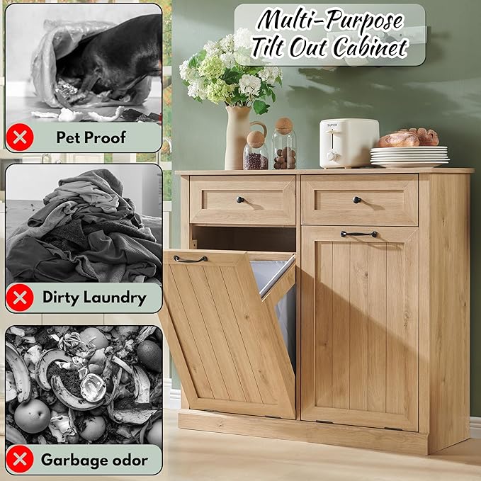 Double Tilt Out Laundry Hamper Cabinet, 20 Gallon Farmhouse Trash Can Cabinet with Drawer, Hidden Wood Garbage Can Bin Cabinets with Laundry Storage Basket for Bathroom, Kitchen (Natural)-Ruum Studio Home