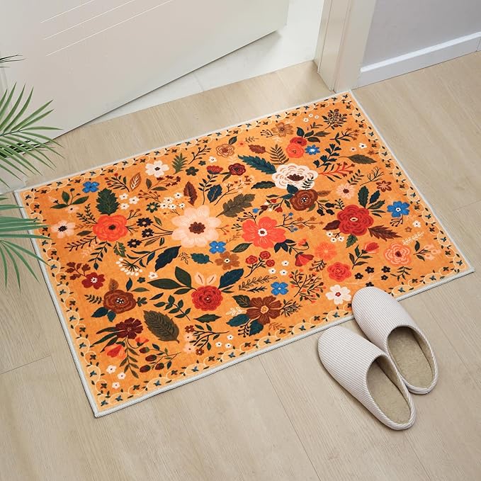 Door Mat Indoor Entrance 2x3 Rug Machine Washable Boho Floral Small Area Rug Non-Slip Low Pile Throw Rugs for Entryway, Kitchen, Front Door Indoor Entrance, Entry, Kids Room (Yellow)-Ruum Studio Home