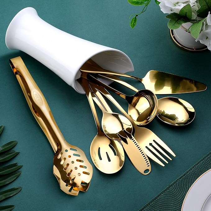 Gold Serving Utensils, OGORI 8-Piece Polished Stainless Steel Flatware Silverware Set Include Serving Spoon, Slotted Spoon, Cake Server, Soup Ladle, Fork, Salad Fork, Butter Knife, Serving Tong-Ruum Studio Home