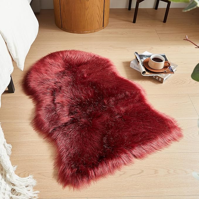 AMTOVO Faux Fur Rug, Burgundy Small Area Rug, Fluffy Sheepskin Rug, Fuzzy Ultra Soft 2 x 3 ft Shag Rugs for Bedroom Sofa Throw Cushion Room Decor, Sheepskin-Ruum Studio Home