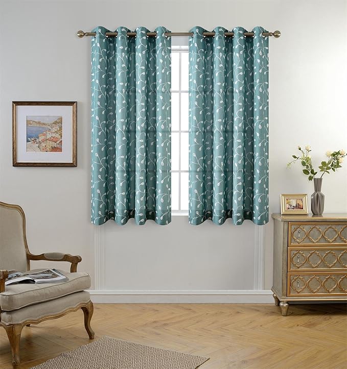 MIUCO Floral Embroidered Semi Sheer Curtains Faux Linen Grommet Window Panel Pair for Bedroom 52 x 63 Inch, Teal-Ruum Studio Home