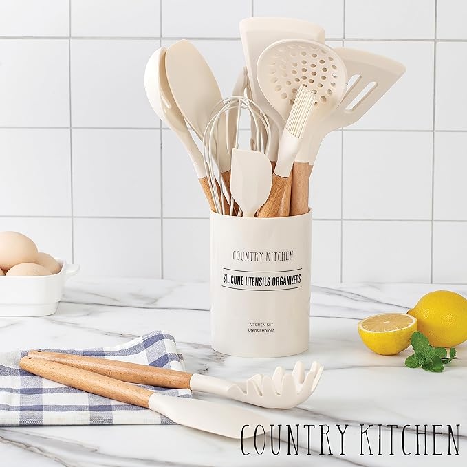 Country Kitchen Non Stick Silicone Utensil Set with Rounded Wood Handles for Cooking and Baking, 14 Piece Set, Khaki-Ruum Studio Home