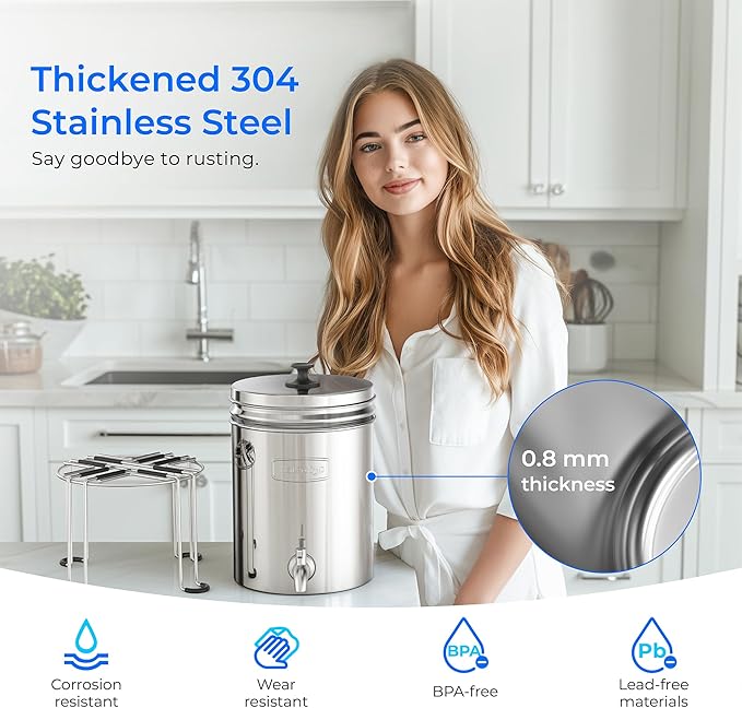 Waterdrop Upgrade Gravity-fed Water Filter System, with Silver Ions Enhanced Filtration, Reduces Fluoride and up to 99% of Chlorine, with 4 Filters and Metal Spigot, 2.25G-Ruum Studio Home