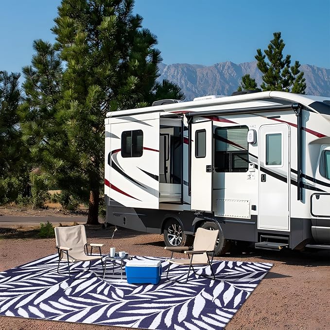 OLANLY Waterproof Outdoor Rug 5x8 ft, Reversible Outdoor Plastic Straw Rug with Leaf Pattern, RV Mat, Indoor Outdoor Carpet for Patio, Camping, Balcony, Deck, Backyard, Navy & White-Ruum Studio Home