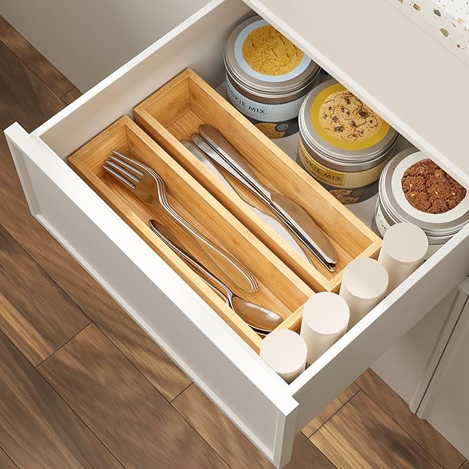BAMEOS Kitchen Drawer Organizer,Small Silverware Drawer Organizer,Bamboo Utensil Organizer for Bathroom, Dressing Room, Office, Pantry (Natural, 11"x 3") Set of 2-Ruum Studio Home
