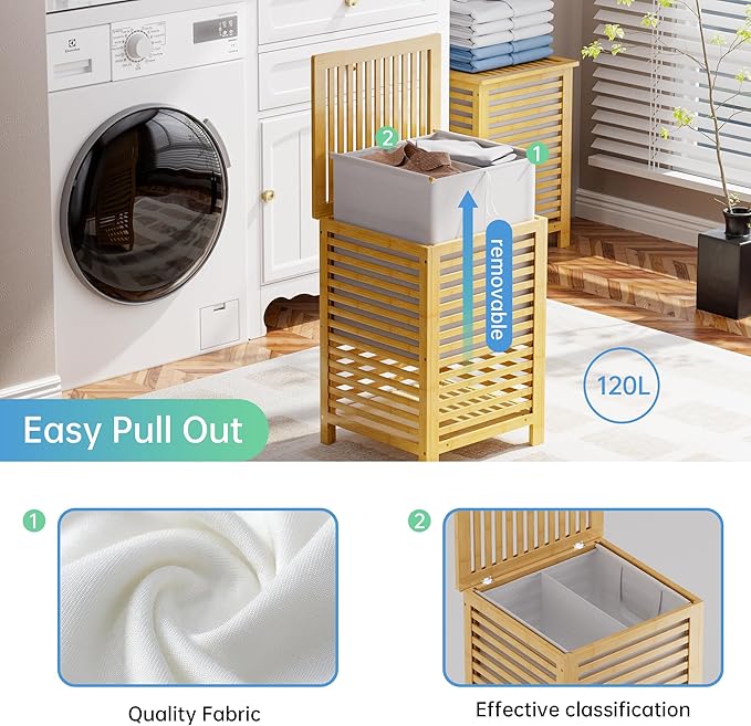 SMIBUY Double Laundry Hamper with Lid, 120L Bamboo Laundry Basket with Removable Liner Bag, 2-Section Clothes Divider Laundry Sorter for Laundry Room, Bathroom, Bedroom (Natural)-Ruum Studio Home