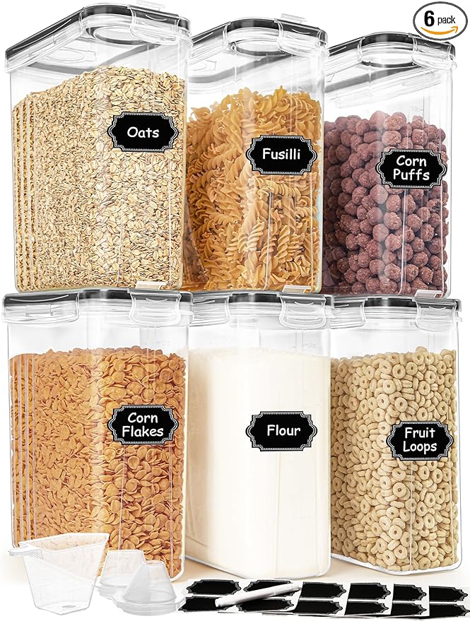 Cereal Containers Storage Set (4L / 135.2oz), 6PCS Airtight Food Storage Containers with Lids, Cereal Dispensers for kitchen Pantry Organizers and Storage with Pour Spout, 20 Labels, Marker-Ruum Studio Home