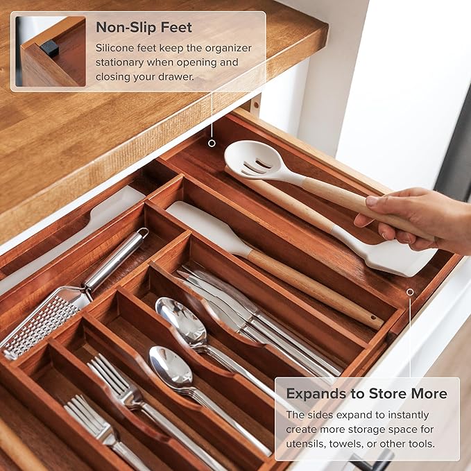 Premium Silverware, Flatware and Utensil Organizer for Kitchen Drawers, Expandable 14.5 to 25 Inches Wide, 10 Compartments, Food-Safe Premium Acacia Wood Finish Kitchen Storage Tray-Ruum Studio Home