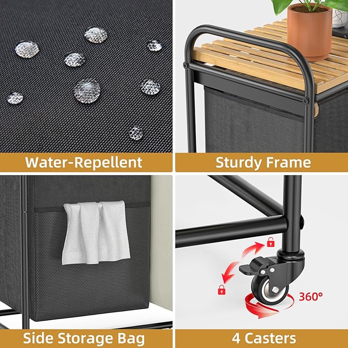 Laundry Hampers 2 Section, Laundry Sorter with Removable Shelf and Pull-Out Bags, Clothes Hampers with Wheels Rolling Cart Basket for Laundry Room Bathroom, 2 x 50 L (Black White)-Ruum Studio Home