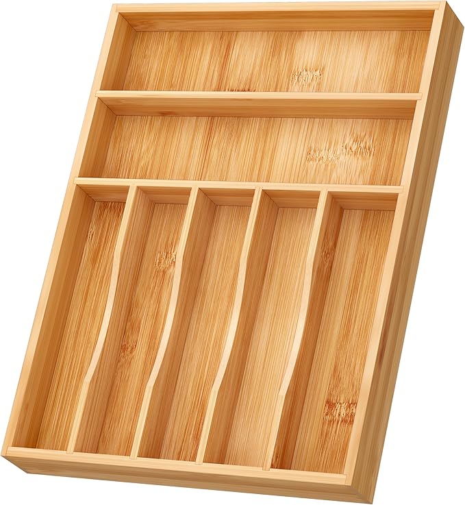 BAMEOS Bamboo Silverware Drawer Organizers, 11.9 inch Utensil Drawer Organizer for Kitchen Drawers, 7 Slots Total Large Flatware Organizer for Knives Cutlery Spoons Forks (Natural)-Ruum Studio Home