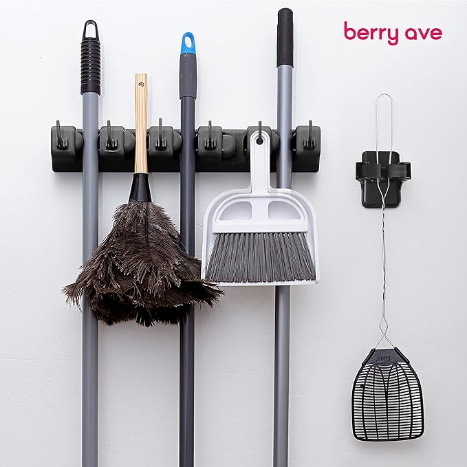Combo 5 Slot Broom Holder w/ 1 Self Adhesive Mop Gripper No-Drilling, Wall Mount Tool Organizers For Kitchen, Garage, Laundry Room- Anti-Slip Hanger For Brooms, Mops, Rakes, Dustpans (Black / Black)-Ruum Studio Home