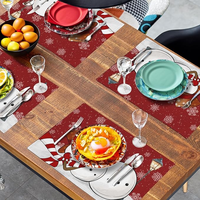 Red Snowman Snowflake Christmas Placemats Set of 4 Seasonal Winter Linen Table Mats 12x18 Inch Xmas Holiday Snow Farmhouse Rustic Washable Place Mat for Party Kitchen Dining Outdoor Indoor Decor-Ruum Studio Home