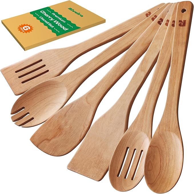 Riveira Cherry Wooden Spoons for Cooking Set of 6 – Natural Cherry Wooden Cooking Utensils, Wooden Spatula, Wooden Spoon - Premium Quality Wooden Utensil Set for Non-Toxic Cooking-Ruum Studio Home