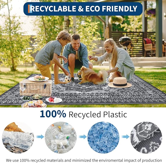 GAOMON Outdoor Patio Rug 9x12 Waterproof Reversible Plastic Straw Rug, Large UV-Resistant Portable RV Camping Mats, Indoor Outdoor Rugs for Outside Deck Porch Garden RV, Gray & White-Ruum Studio Home