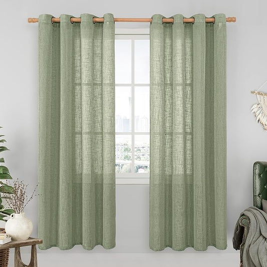 LAMIT Sage Green Linen Sheer Curtains 80 inch for Living Room, Soft Thick Bronze Grommet Light Filtering Boho Window Textured Neutral Drapes for Bedroom Farmhouse, 2 Panels Set, 52 x 80 Inch-Ruum Studio Home
