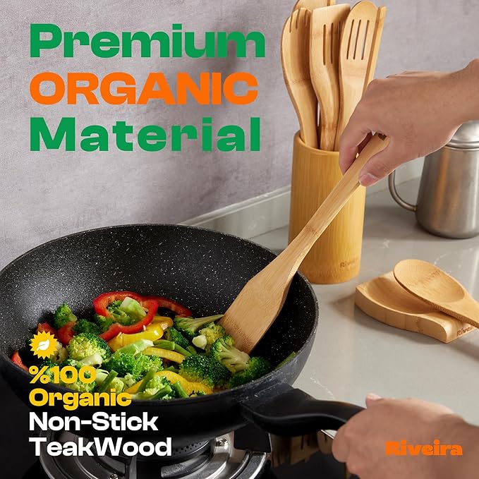 Riveira Bamboo Wooden Spoons for Cooking 9-Piece with Holder, Apartment Essentials Wood Spatula Spoon Nonstick Kitchen Utensil Set Premium Quality Housewarming Gifts for Everyday Use-Ruum Studio Home