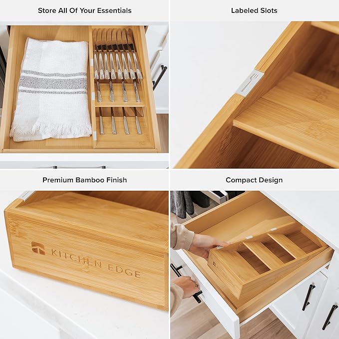 Premium Cutlery, Flatware, and Silverware Drawer Organizer – Slanted 3-Compartment Design with Labeled Slots, Non-Slip Feet, 100% Sustainable Bamboo-Ruum Studio Home