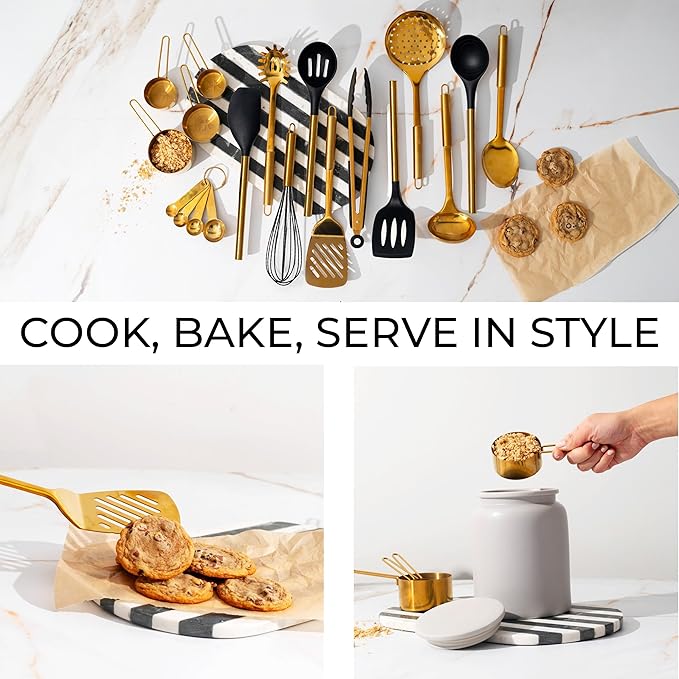 Black and Gold Kitchen Utensils Set - 19-PC Set Includes Stainless Steel and Silicone Cooking Utensils, Measuring Cups and Spoons - Black and Gold Kitchen Accessories for Stylish Cooking & Serving-Ruum Studio Home