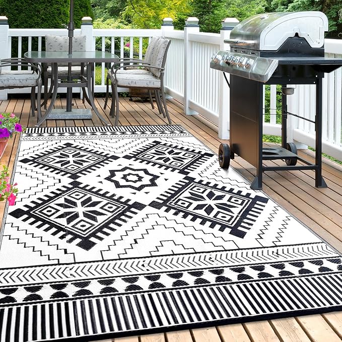 Waterproof Outdoor Rug 8x10ft, Boho Reversible Plastic Straw Mat for Patio RV Deck Porch Backyard Balcony Camping Picnic Beach Indoor Outdoor Carpet, Black&White-Ruum Studio Home