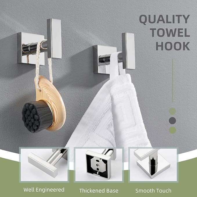 Angle Simple Bath Towel Hook 2 Pack, Stainless Steel Square Robe Coat Holder for Wall, Bathroom Kitchen Garage Wall Hook for Hanging Tools, Polished Chrome-Ruum Studio Home