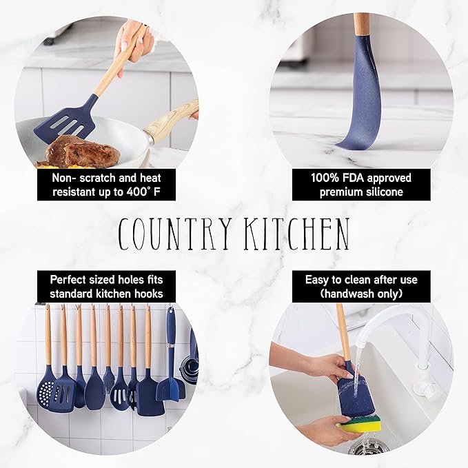 Country Kitchen Non Stick Silicone Utensil Set with Rounded Wood Handles for Cooking and Baking, 38 Piece Set, Navy-Ruum Studio Home