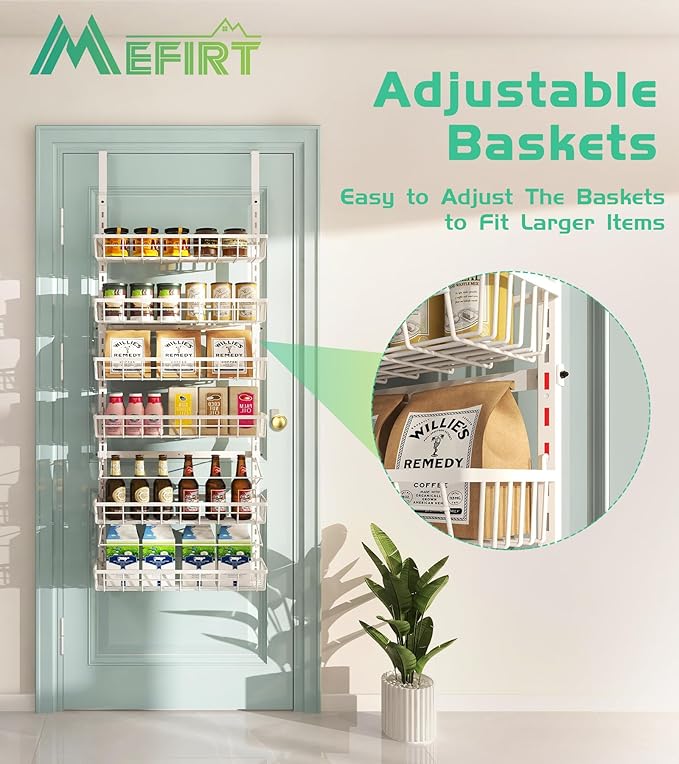 Over The Door Pantry Organizer, Wall Mount Spice Rack, Pantry Hanging Storage and Organization, 6 Adjustable Baskets Heavy-Duty Metal for Home & Kitchen, Back of Door Seasoning Rack - White-Ruum Studio Home