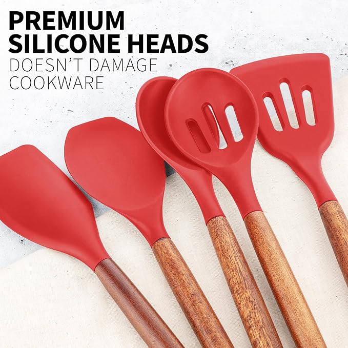 Zulay Kitchen Utensils Set Non-Stick Silicone Cooking Utensils Set with Authentic Acacia Wood Handles - 5 Piece Silicone Utensil Set - Silicone Kitchen Utensils Set with 464°F Heat Resistance - Red-Ruum Studio Home