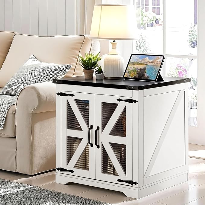 Farmhouse End Table, 24" Large Sofa Side Table with Charging Station, Mesh Barn Door, White Nightstand with Adjustable Storage Shelf, Square Nightstand for Living Room, Bedroom, Office-Ruum Studio Home