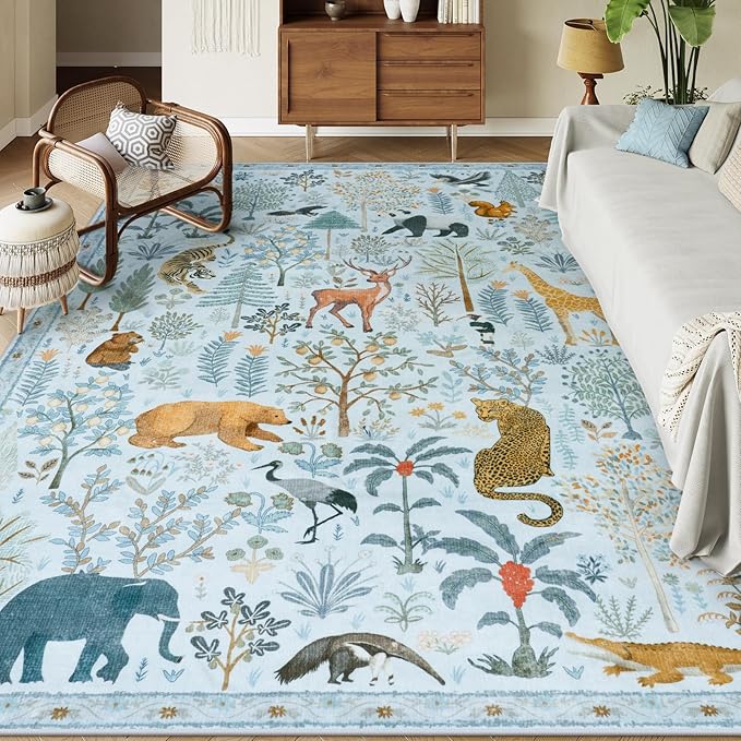 OJIA Animal Area Rugs 8x10, Soft 8x10 Washable Rugs for Living Room Bedroom, Non-Slip Boho Ultra-Thin Dining Room Rug Large Throw Carpet for Farmhouse Playroom Office, Light Blue-Ruum Studio Home
